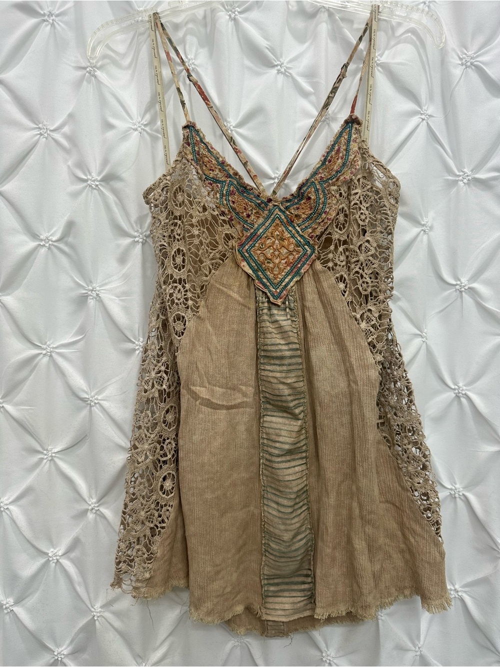 gimmicks by BKE Beige Crochet Boho Tank with Multicolor Embroidery